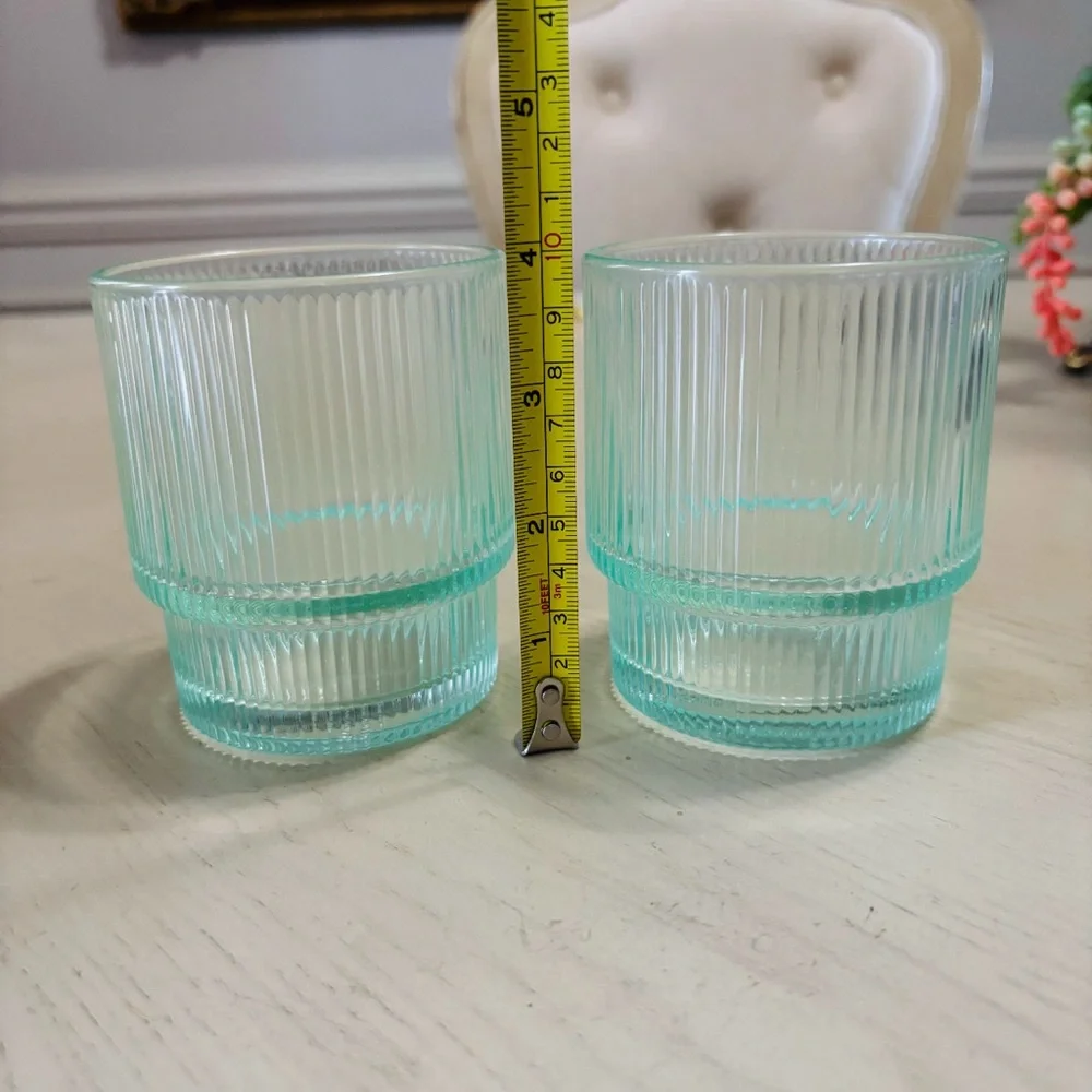Jonathan Adler Ribbed Biba Drinking Glasses Set of 2 Clear AQUAMARINE